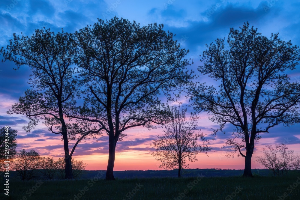 Serene blue hour scenery with shaded trees beneath a breathtaking sky, ideal for nature lovers and photography enthusiasts seeking tranquil spring moments