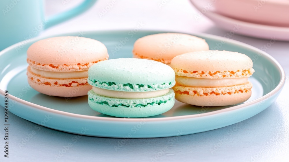 Pastel colored macarons with creamy filling arranged on a light blue plate. Soft, delicate lighting enhances the sweet treat's appearance Pastel colored macarons with creamy filling arranged on a light blue plate. Soft, delicate lighting enhances the sweet treat's appearance