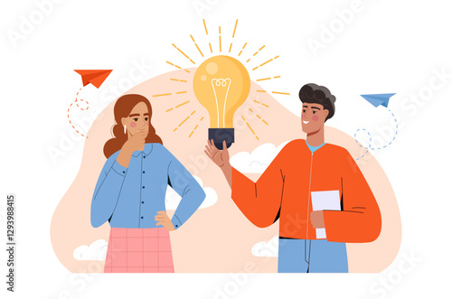 Two people sharing an idea with a lightbulb, flat design style, on a light background. Concept of creativity and innovation. Vector illustration