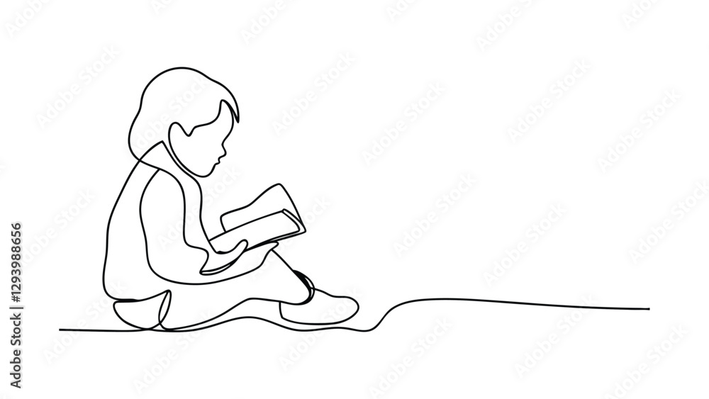 A minimalist line drawing depicts a child seated, engrossed in reading a book. The simple style emphasizes the act of reading and learning. The image conveys peace and concentration. A minimalist line drawing depicts a child seated, engrossed in reading a book. The simple style emphasizes the act of reading and learning. The image conveys peace and concentration.