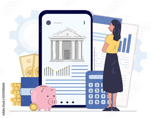 A woman using a banking app on phone with financial elements like piggy bank, coins, calculator, and charts on white background. Concept of finance. Vector illustration