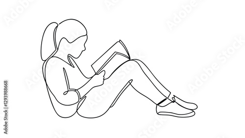 Girl Reading Book Line Art Sketch Simple Minimalist Design