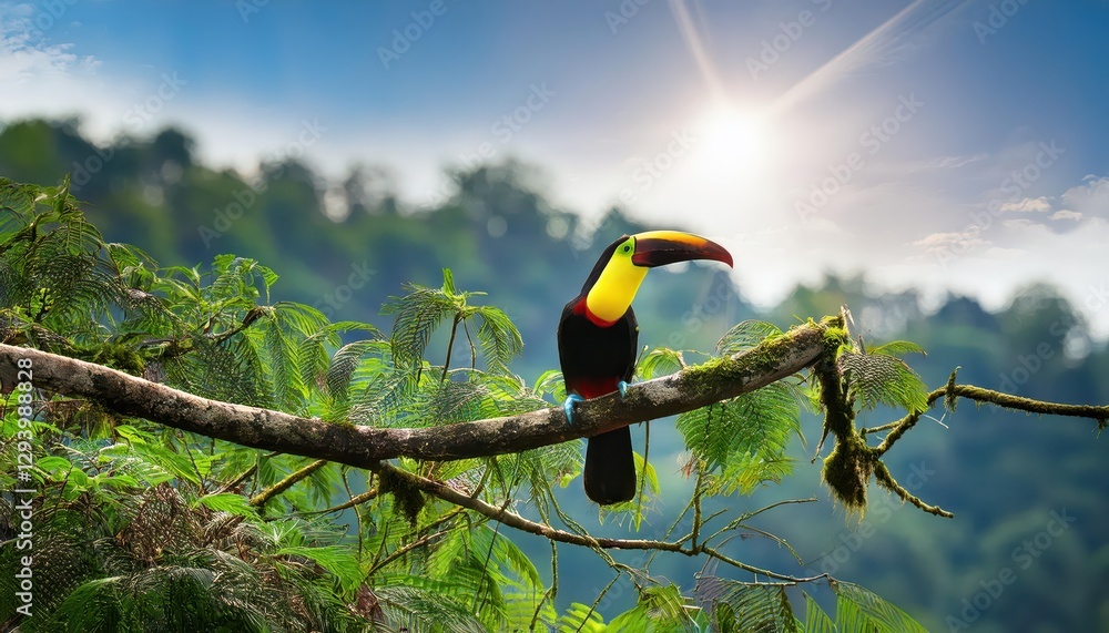 Fototapeta premium Toucan Perched on Rainforest Tree Branch Amid Tropical Wildlife, Vivid Colors and Textures Contrasting with the Lush Green Canopy, Moment Captured in Amazonian Jungle at Dawn