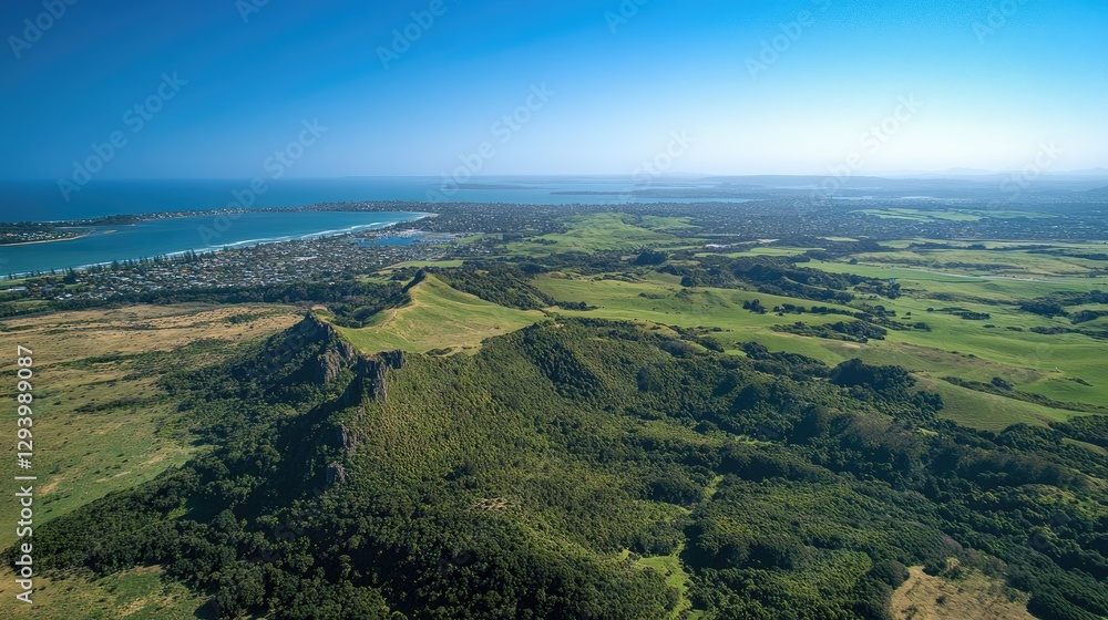 Naklejka premium A top-down view of Auckland's landscape, with clear blue skies, urban sprawl, and lush green areas.
