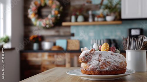 A beautifully crafted lamb cake adorned with colorful Easter eggs awaits on a wooden table, creating a delightful centerpiece for spring festivities and family gatherings photo