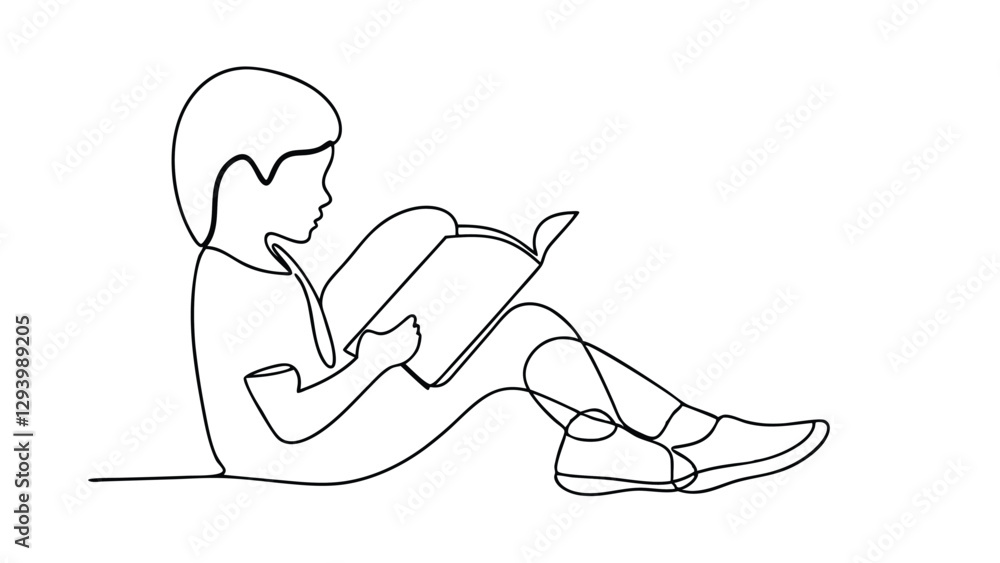 A singleline drawing depicts a child engrossed in reading a book while sitting on the floor. The illustration is simple, yet conveys a sense of focus and enjoyment of reading. A singleline drawing depicts a child engrossed in reading a book while sitting on the floor. The illustration is simple, yet conveys a sense of focus and enjoyment of reading.