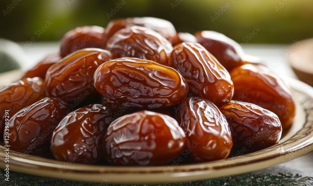 plate of dates, close-up on the table. The background is blurred to highlight the fruit and its natural beauty plate of dates, close-up on the table. The background is blurred to highlight the fruit and its natural beauty