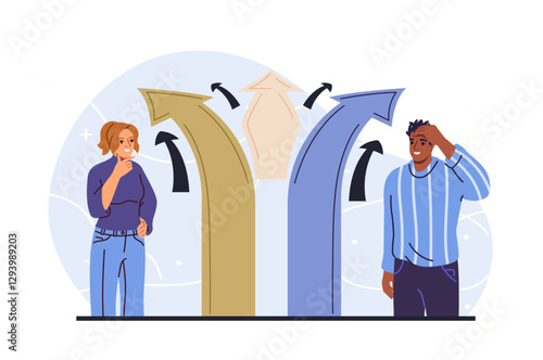 Two people contemplating with arrows pointing different directions, flat graphic style on light background. Concept of choice or decision making. Vector illustration