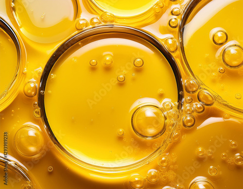 oil serum texture yellow vitamin c vitamin e liquid gel transparent cosmetic cream with bubbles smear smudge beauty skincare product macro top view