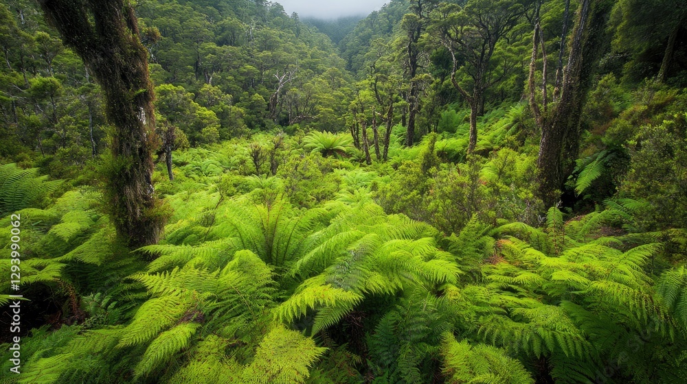Fototapeta premium A top-down view of a vibrant green New Zealand forest with native ferns and wildlife nestled within.