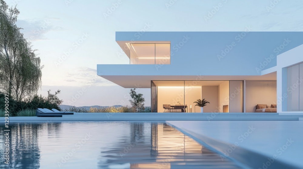 Modern Minimalist Architecture with Pool and Scenic Landscape at Dusk Modern Minimalist Architecture with Pool and Scenic Landscape at Dusk