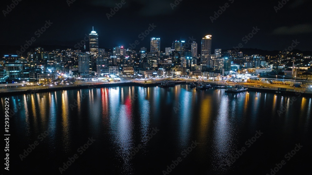Fototapeta premium A top-down view of the Auckland skyline at night, illuminated by city lights and reflected in the calm water.