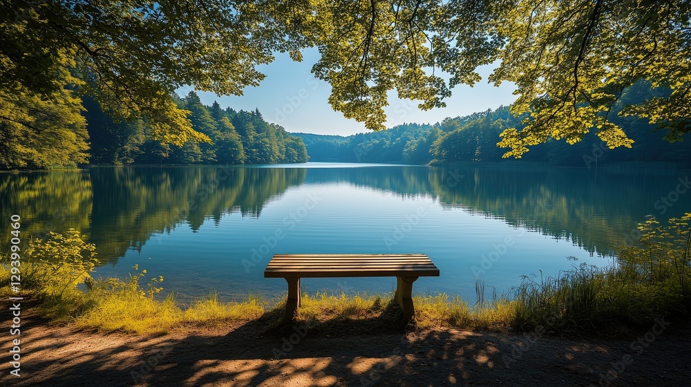 Obraz premium Serene lake view with a bench under trees.
