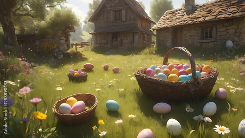Children searching for eggs, cheerful mood, in a sunny garden with baskets of colorful Easter eggs