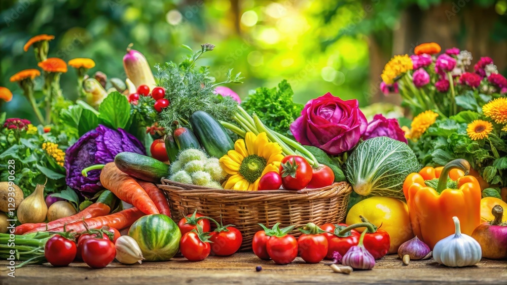 Colorful vegetables arranged artfully in a garden setting with lush greenery and vibrant flowers , garden, nature Colorful vegetables arranged artfully in a garden setting with lush greenery and vibrant flowers , garden, nature