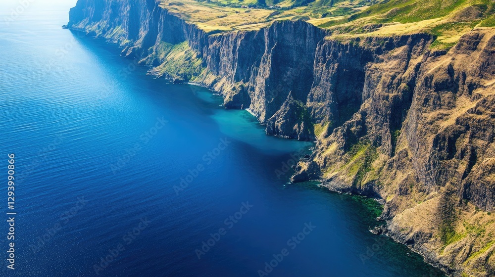 Fototapeta premium A tranquil view of New Zealand's coastline from above, showing lush cliffs and the deep blue of the Pacific Ocean stretching out.