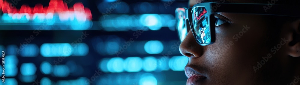 A focused individual wearing glasses, reflecting data visuals, set against a backdrop of glowing digital elements, suggesting a tech or analytical environment. A focused individual wearing glasses, reflecting data visuals, set against a backdrop of glowing digital elements, suggesting a tech or analytical environment.