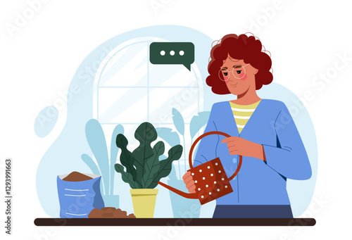 Woman watering a potted plant with a watering can, flat graphic style, white background, concept of indoor gardening. Vector illustration