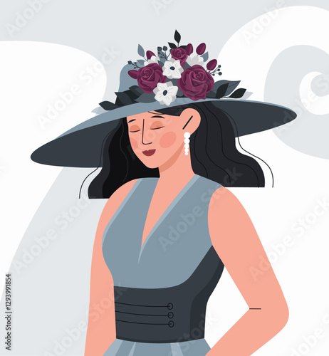 Woman in elegant dress and floral hat, flat graphic style, on a light background. Concept of fashion and elegance. Vector illustration