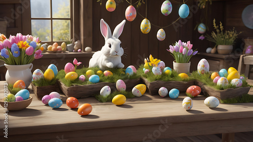 Easter decorations with colorful eggs and a cute bunny, cheerful mood, arranged on a rustic wooden table