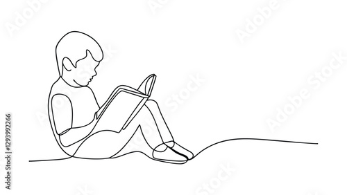 A singleline drawing depicts a young child seated, deeply engrossed in reading a book. The minimalist style emphasizes the act of reading and learning.