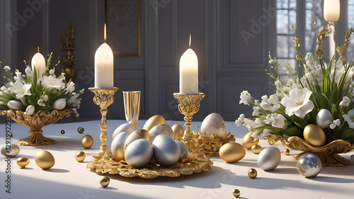 Elegant Easter decoration with golden eggs and candles in a luxurious setting