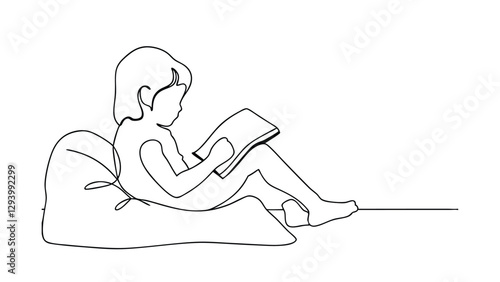 Line drawing of a child sitting on a beanbag chair, engrossed in reading a book. Simple, minimalist style, suggesting comfort and focus during leisure time learning.