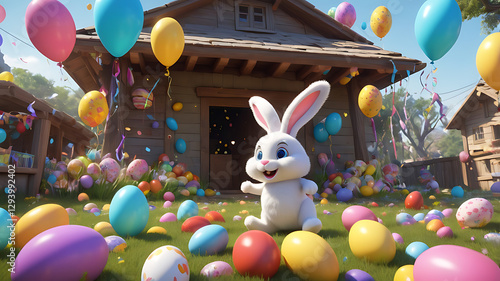 Cute bunny celebrating Easter surrounded by colorful eggs and balloons outside