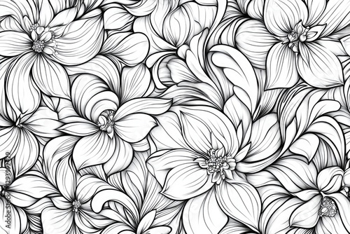 Elegant monochrome floral doodle with delicate leaves and swirling patterns for a seamless background