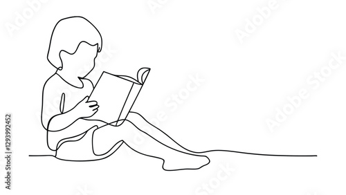 Child engrossed in reading a book, single line art drawing