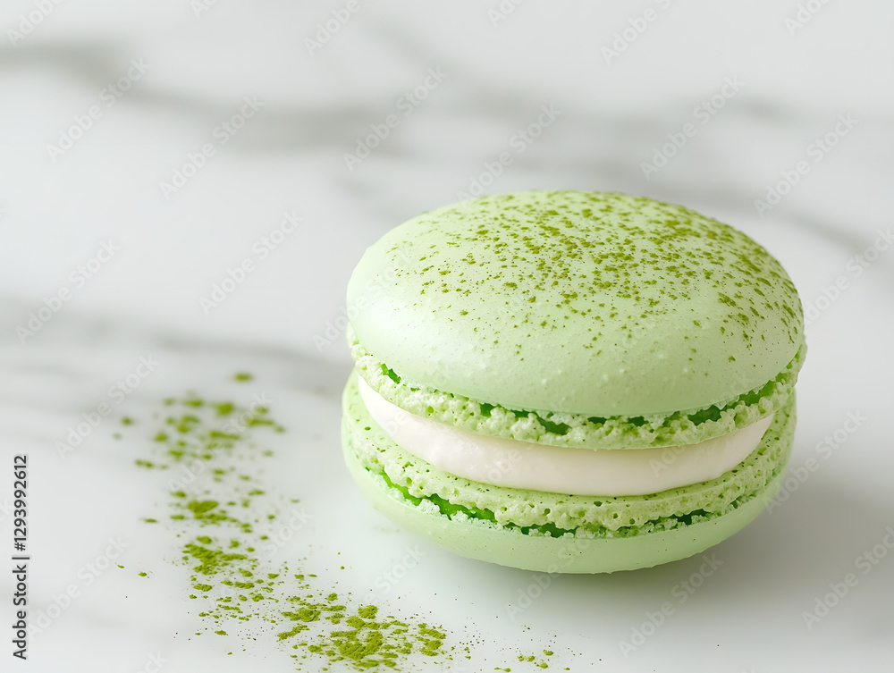 matcha macaron resting on marble countertop, showcasing its delicate green color and sprinkled matcha powder, evokes sense of elegance and indulgence matcha macaron resting on marble countertop, showcasing its delicate green color and sprinkled matcha powder, evokes sense of elegance and indulgence