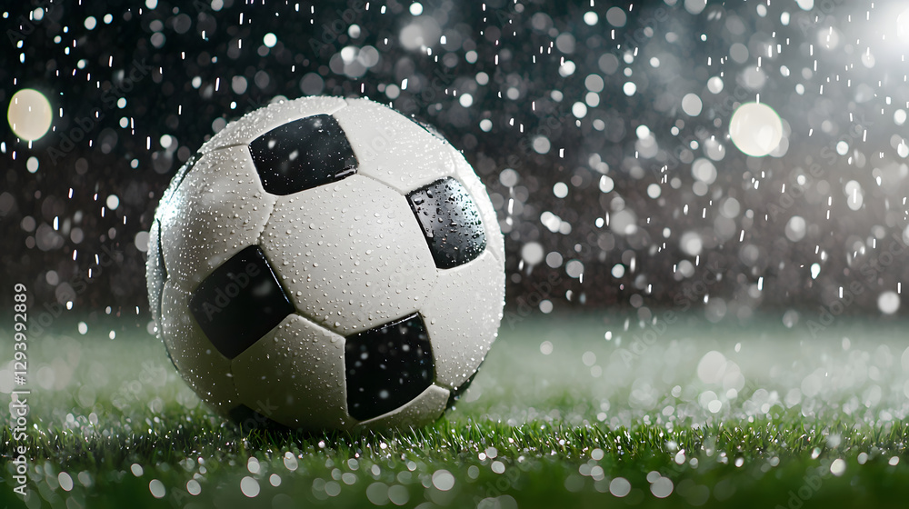 Naklejka premium soccer ball on wet field, glistening with raindrops, captures excitement of game under stadium lights. atmosphere is electric and vibrant
