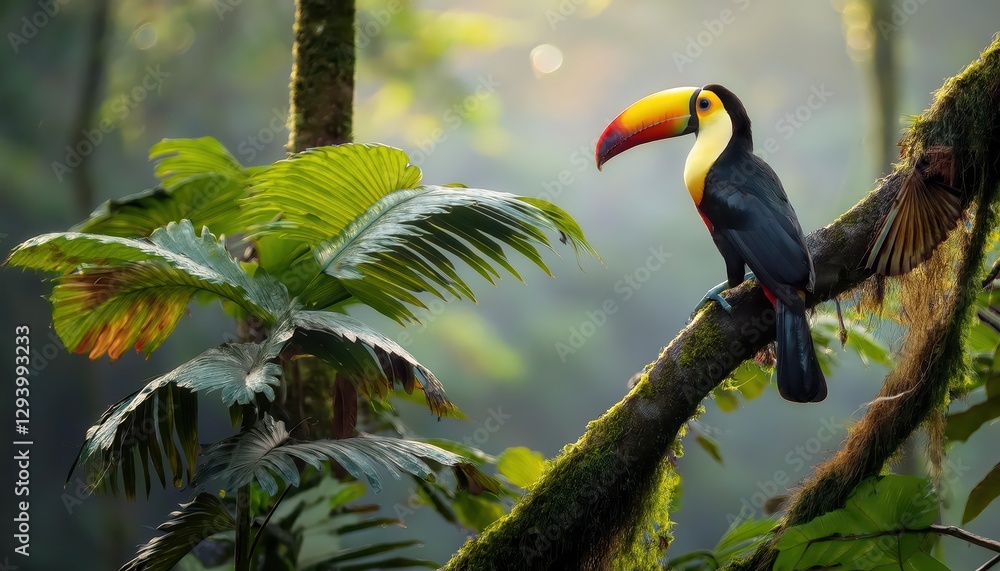 Fototapeta premium Toucan Perched on an Amazon Rainforest Tree in a Lush Green Canopy at Dusk, Capturing the Mystique and Majesty of the Wild in Striking Detail