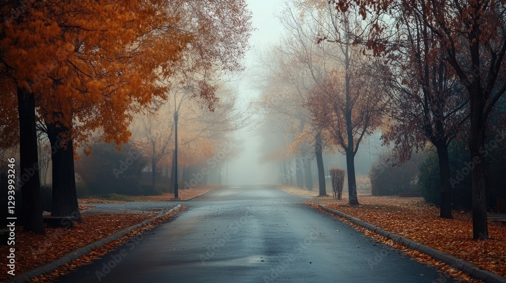 Obraz premium Misty fog covering a quiet street in the early morning, with soft shadows and muted colors.
