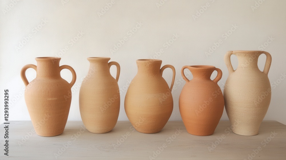 Five terracotta amphorae of varying sizes and shades of beige and brown, arranged in a row on a light wooden surface against a textured off white Five terracotta amphorae of varying sizes and shades of beige and brown, arranged in a row on a light wooden surface against a textured off white