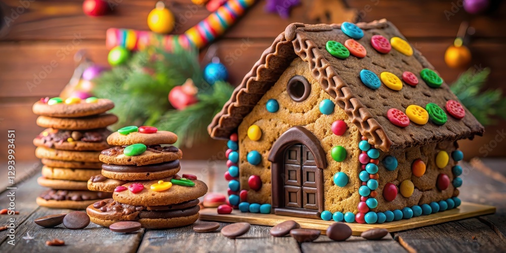 Cozy chocolate house with giant cookies and colorful confections inside , dessert shop Cozy chocolate house with giant cookies and colorful confections inside , dessert shop