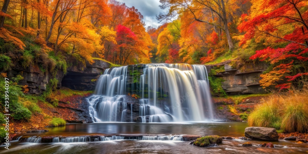 waterfall in autumn surrounded by vibrant fall colors and lush greenery of the forest, forest landscape, in the woods waterfall in autumn surrounded by vibrant fall colors and lush greenery of the forest, forest landscape, in the woods