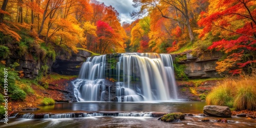 waterfall in autumn surrounded by vibrant fall colors and lush greenery of the forest, forest landscape, in the woods