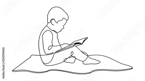 A minimalist line drawing depicts a young child seated on a mat, intently reading a book. The singleline style emphasizes the childs focus and engagement with the story.