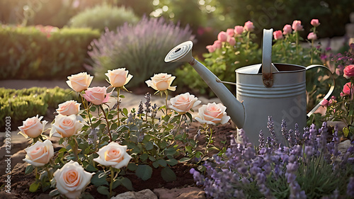 Watering can next to pink roses and lavender in a blooming garden during golden hour