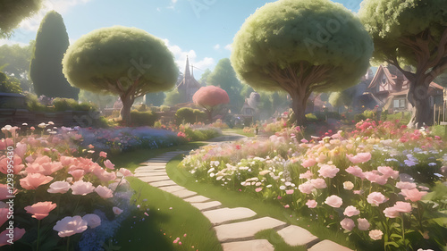 Serene flower garden with a winding path and blooming flowers in a picturesque setting