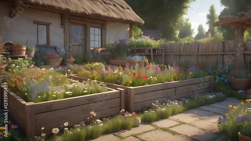 Cozy flower garden with raised beds and potted plants beside a rustic cottage