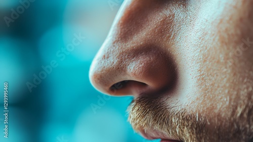 Close-up view of a male nose with long hair, showcasing body care and grooming concept, highlighting details of skin and hair care in a macro perspective for health and wellness themes photo