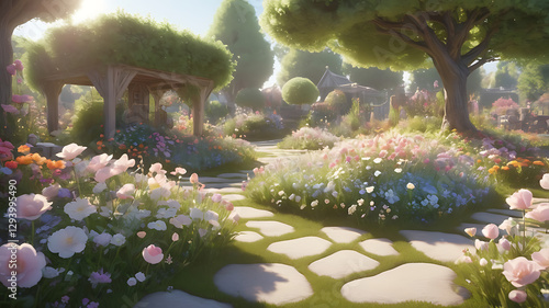 Charming flower garden with a stone path surrounded by vibrant blooms in a sunny setting
