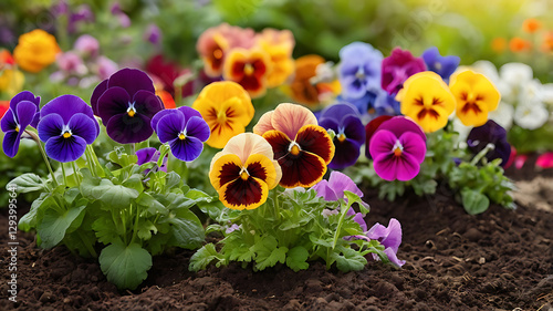 Colorful pansy flowers blooming in a garden bed with rich soil