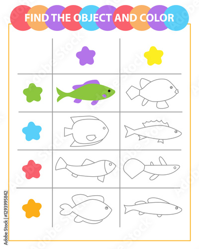 Сorrelate the object and sign. Coloring page. Fish