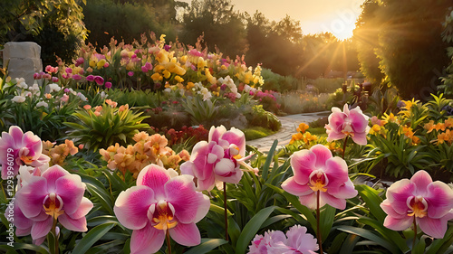 Vibrant orchid garden at sunset with blooming flowers and a scenic pathway in a colorful setting