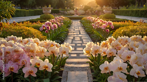 Beautiful orchid garden with colorful blooms and a scenic pathway at sunset