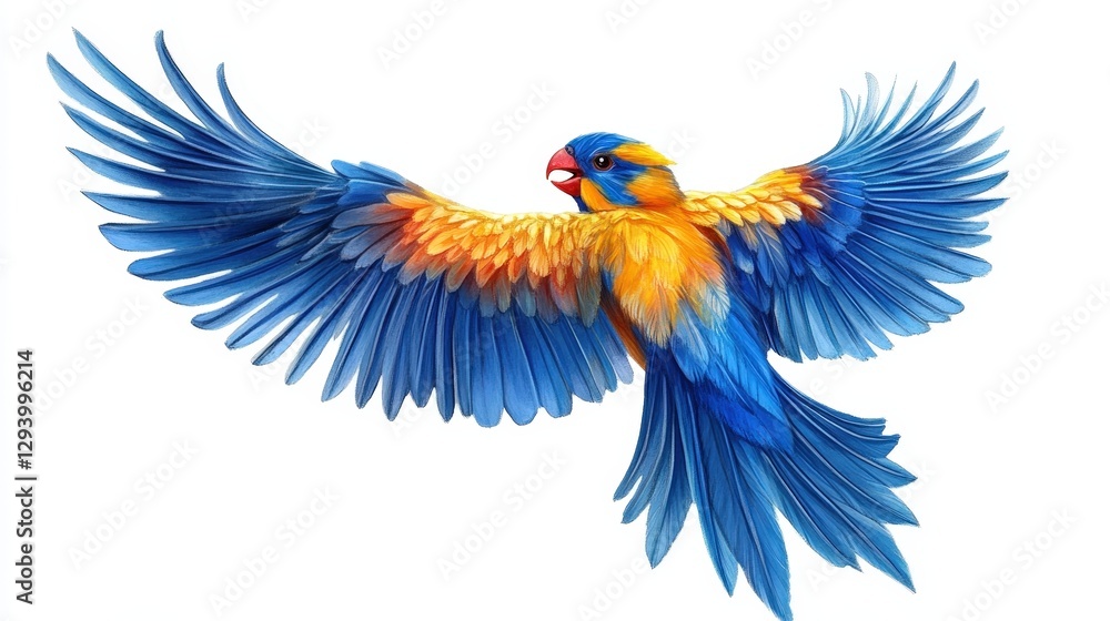 Obraz premium A vibrant watercolor showcases a blue and orange lorikeet mid-flight with wide-spread wings, gliding elegantly to the left