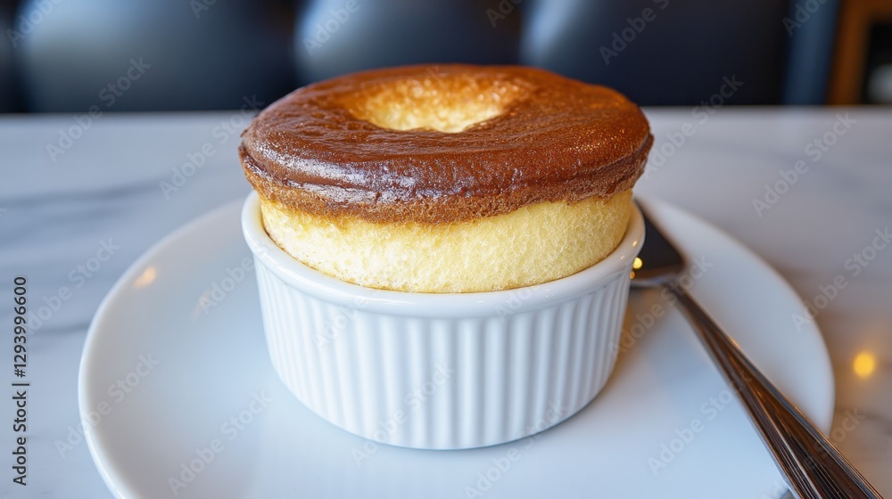Golden brown souffle in a small white ramekin on a white plate, close up view Golden brown souffle in a small white ramekin on a white plate, close up view